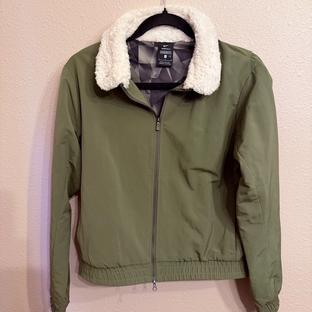 Nike Shield Women Olive Green Bomber Jacket Faux Shearling Collar Small